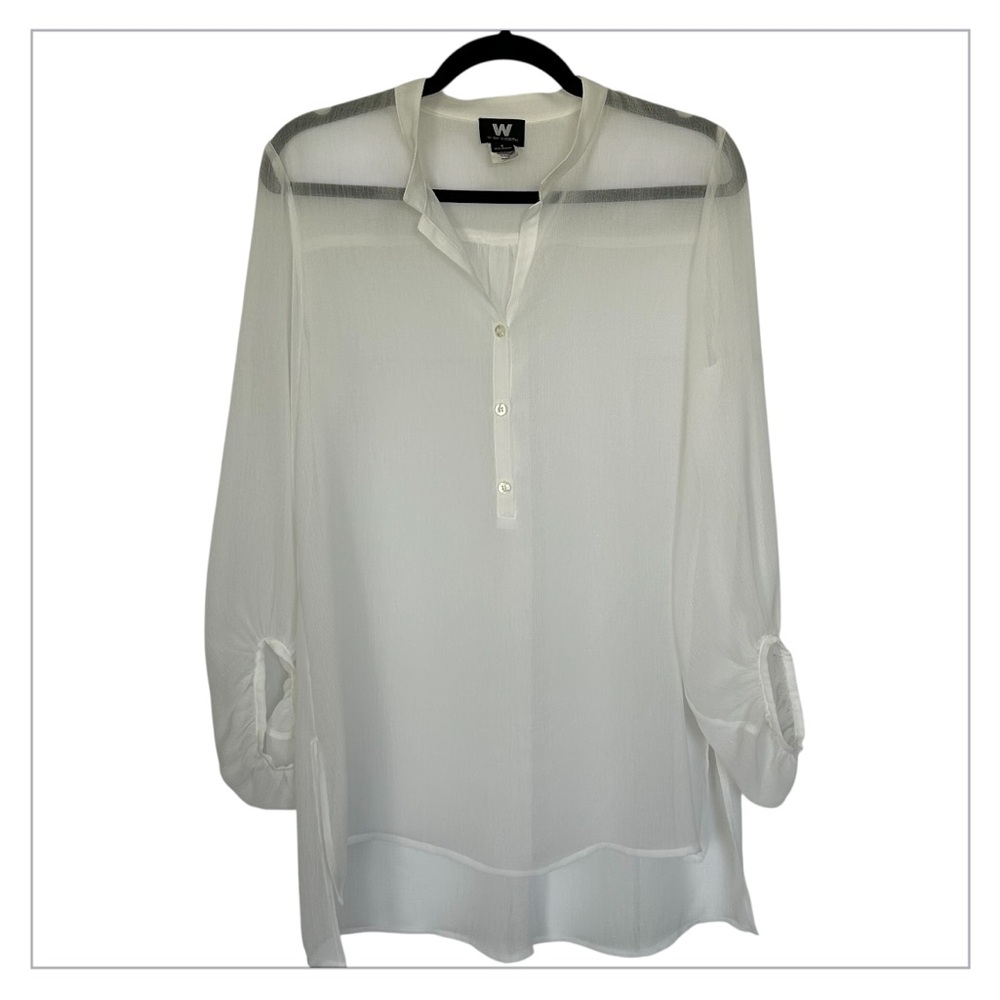 W BY WORTH Women’s Sheer Blouse Textured White‎ Mandarin Collar Long Sleeve S